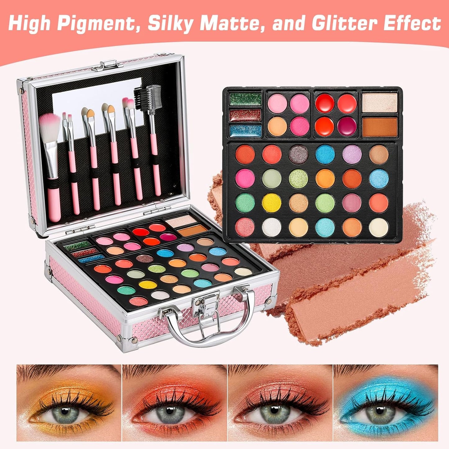 Anpro All-In-One Makeup Carry Case with Pro Teen Makeup Set, Full Starter Cosmetics Kit with Makeup Brushes, Eye Shadows Palette, Blushes, Glitter Gel, Temporary Tattoo Stickers - Blue