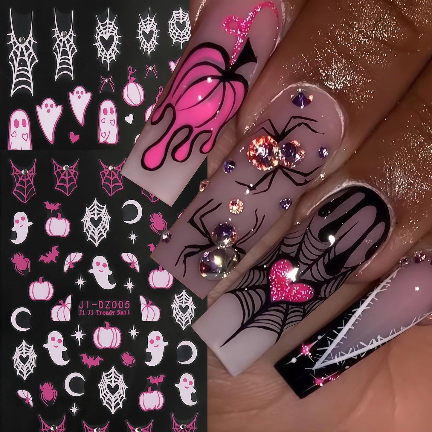 Halloween Nail Art Stickers Ghost Nail Decals Shiny Crystal Diamonds Rhinestones Spider Web Spooky Spider Nail Art Design Stickers Cute Fall Holiday Manicure Decoration for Salon Acrylic Nails