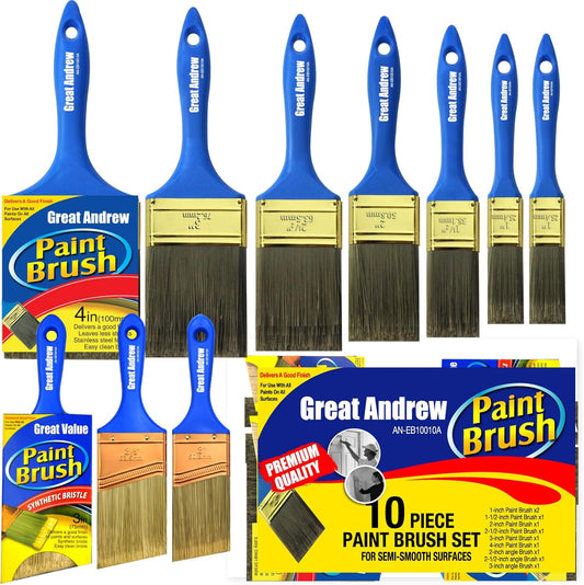 10 Pack Professional Paint Brushes (4" 3" 2" 2.5" 1.5" 1" Flat & Angle) Painters Paint Brush Set, Paint Brushes for Walls, Painting Brushes Bulk, House Painting Tool Set Kit