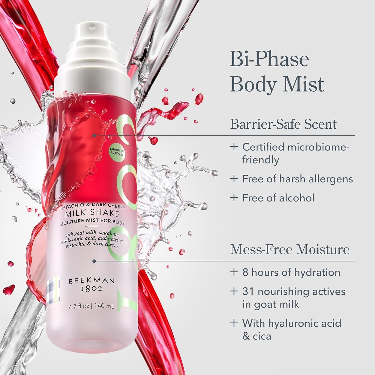 Beekman 1802 Milk Shake Body Mist - Pistachio & Dark Cherry 4.7 fl oz - Hyaluronic Acid, Jojoba Oil, Instantly Moisturizes, Hydrates & Softens, Good for Sensitive Skin, Cruelty Free
