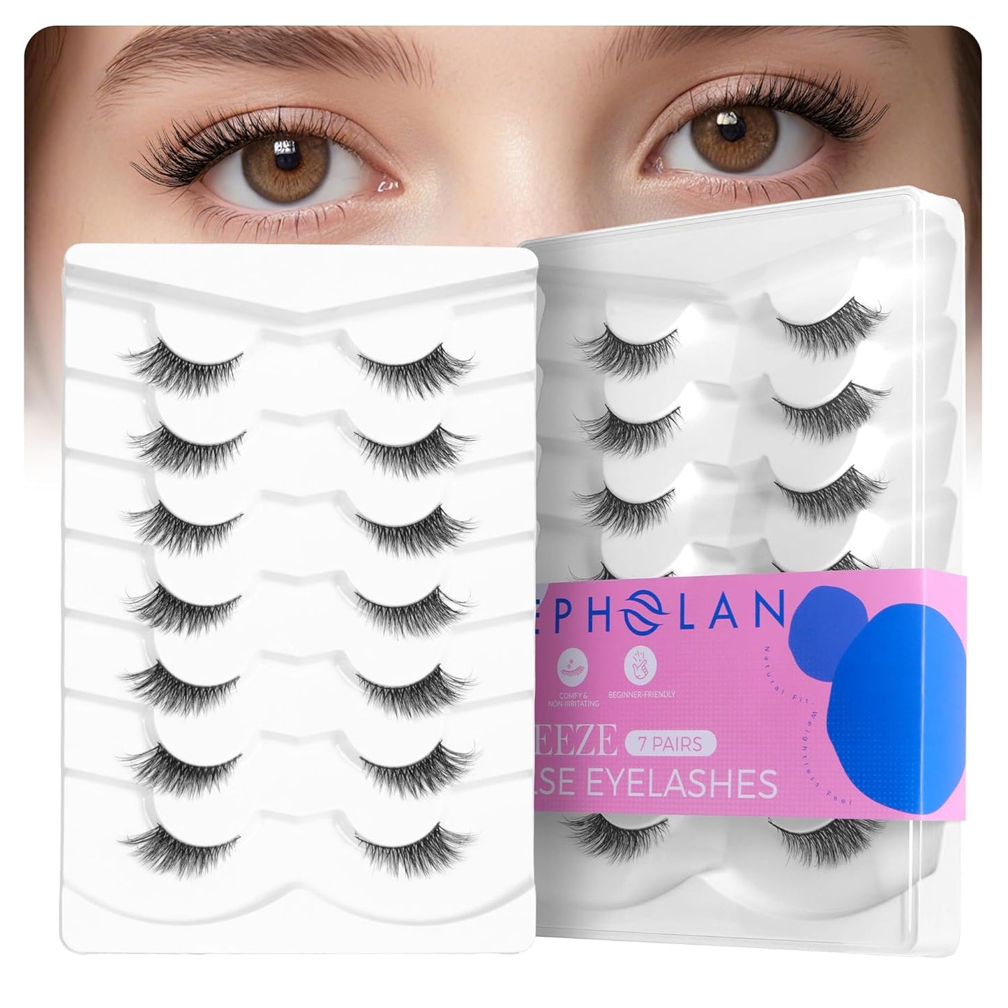 Bepholan Half False Eyelashes Natural Look 3D Cat Eye Lashes 7 Pair Thin Soft Clear Band Cat Eye Lashes Fluffy Faux Mink Eyelashes Easy to Apply(BH306)