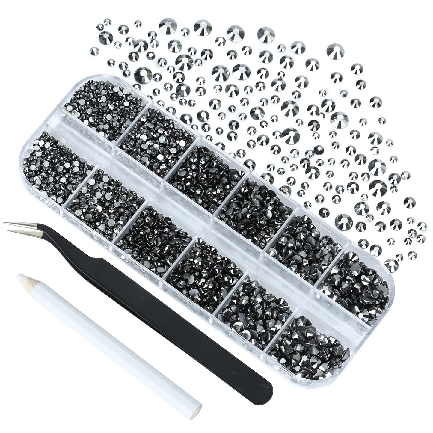 4240Pcs Jet Hematite Flatback Rhinestones 6 Sizes Crystal Diamonds for Nail Art Crafts Clothes Shoes with Tweezers and Picking Pen