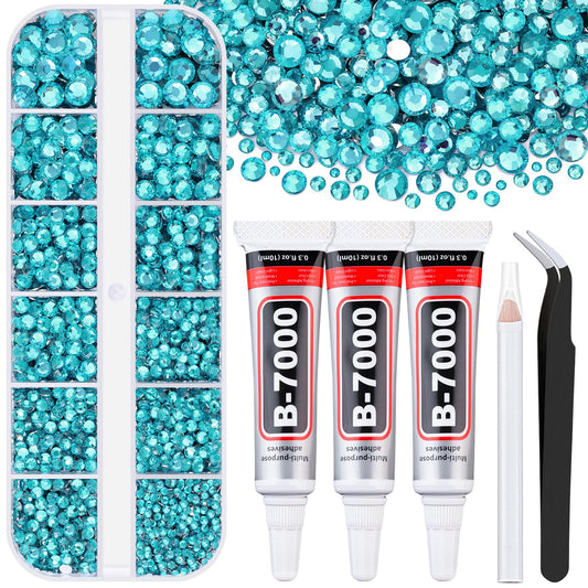 6000Pcs Resin Rhinestones for Bedazzling with 3Pcs B7000 Jewelry Glue, 1 Box Teal Blue Flatback Rhinestones for Crafting Crafts DIY, Crystals Gems for Clothing Shoes Tumblers Nail Art Makeup
