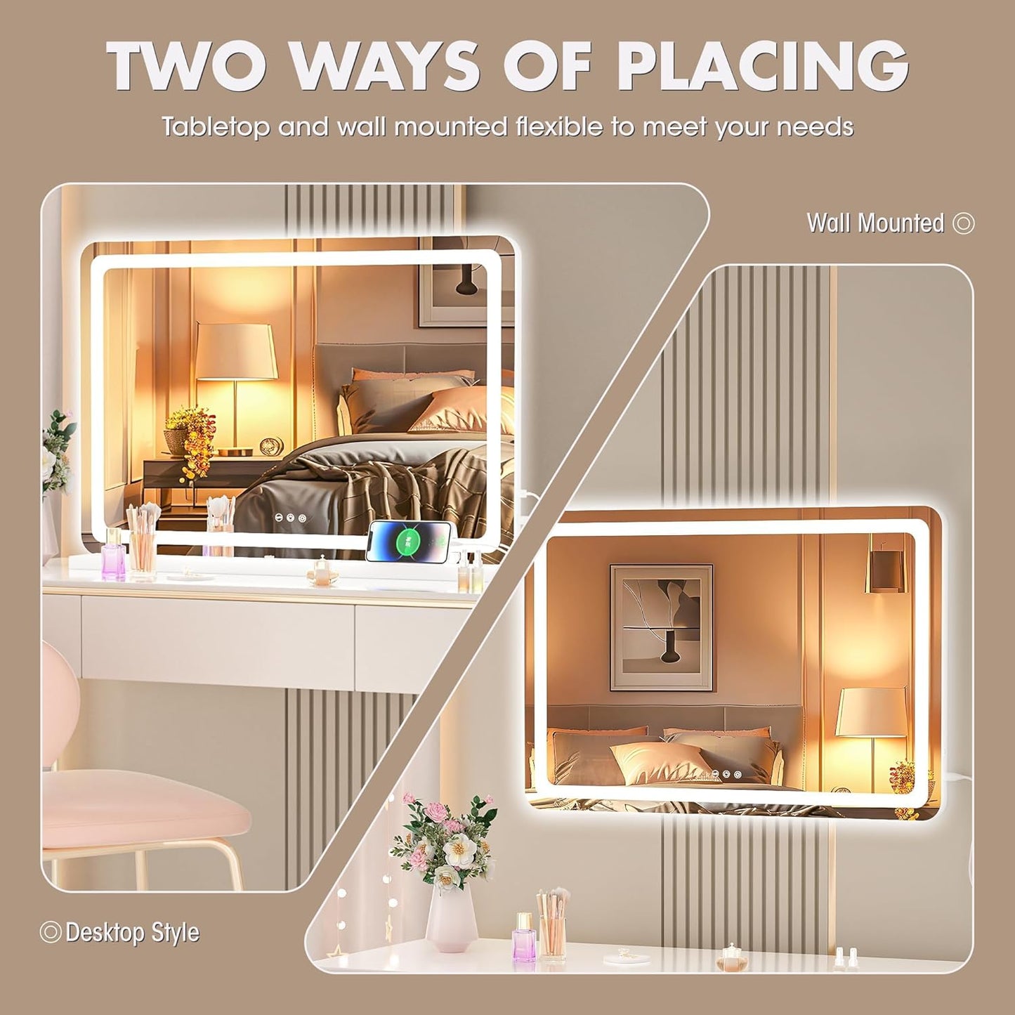 Hasipu Vanity Mirror with Lights, 31.5" x 20" LED Makeup Mirror, Lighted Makeup Mirror with Dimmable 3 Modes, Touch Screen Control Vanity Mirror Round White