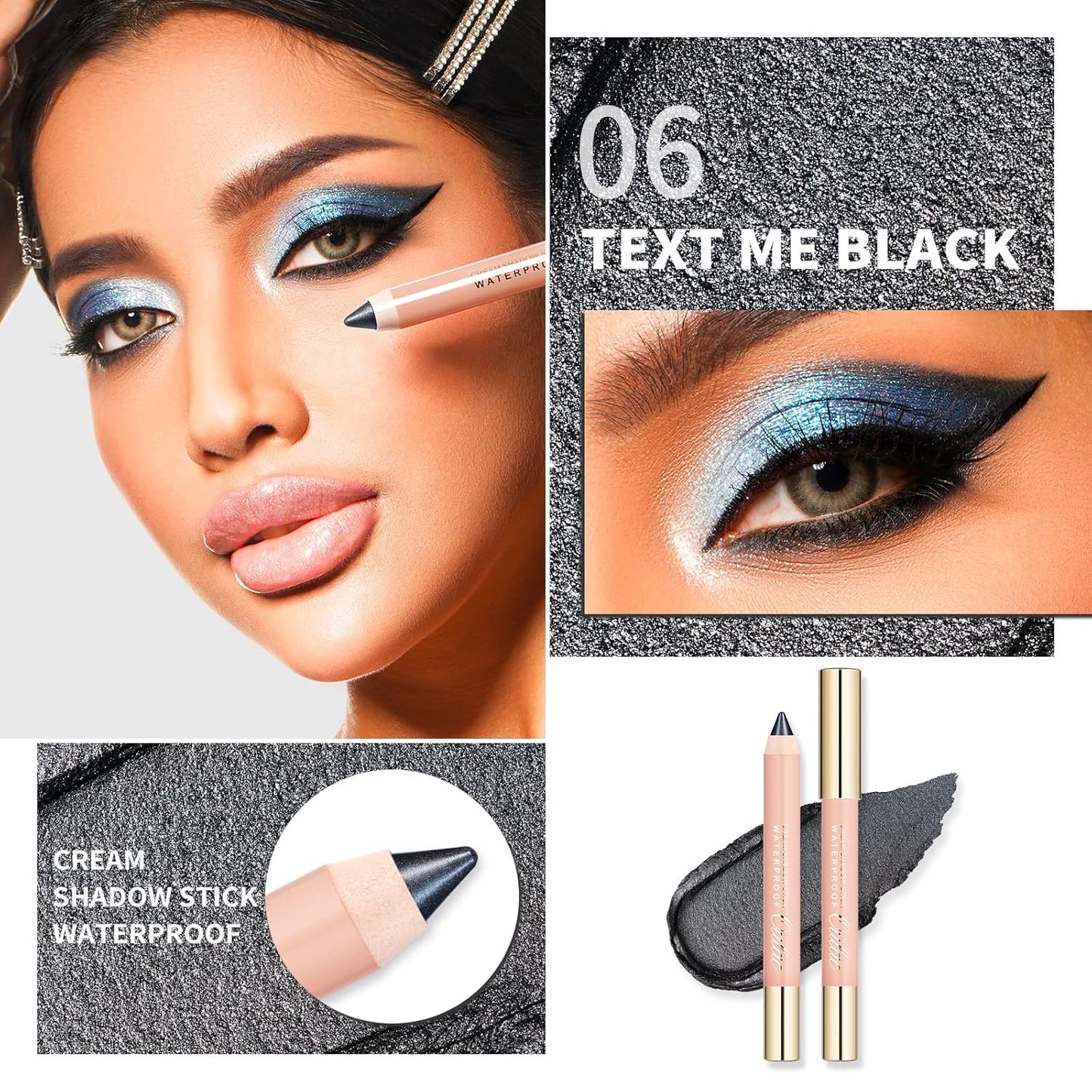 Oulac Black Eyeshadow Pencil - Waterproof Eye Shadow Stick Smooth and Long Lasting, Shimmering Glitter Finish, Blendable Eyes Makeup, Vegan Beauty 3.8g, (06) Text Me Black