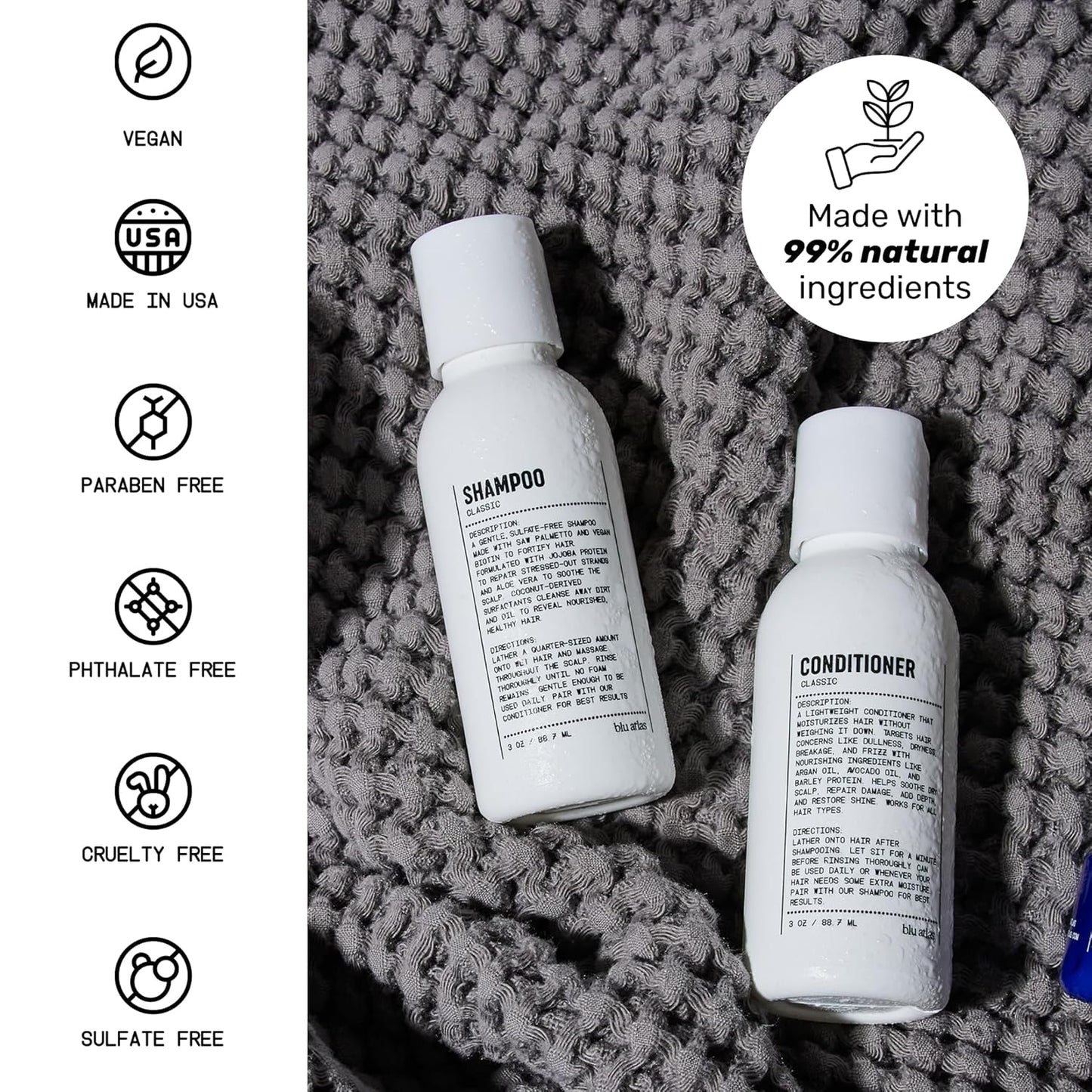 Blu Atlas Travel Size Shampoo & Conditioner Set for Men – TSA Approved, 3 oz Each – Natural, Sulfate-Free, Paraben-Free – Clean Ingredients – Classic Scent – Made in America