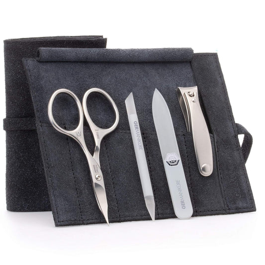 GERMANIKURE 4pc Mini Professional Manicure Set in Suede Case - FINOX Stainless Steel Tools Made in Solingen Germany, Glass Nail Care Supplies Made in Czech Republic