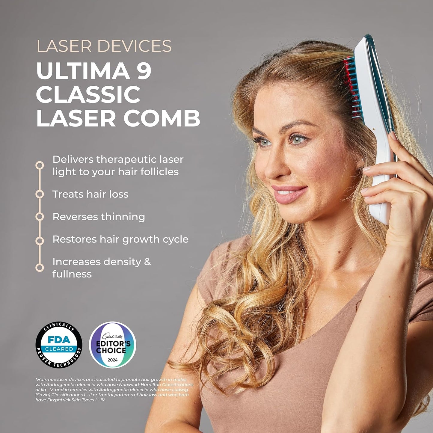 Hairmax Ultima 9 Classic LaserComb -(FDA Cleared) Laser Hair Regrowth Treatment Device for Men & Women - Reverses Thinning Hair Loss - Red Light Therapy to Stimulate Hair Growth - Cordless Design