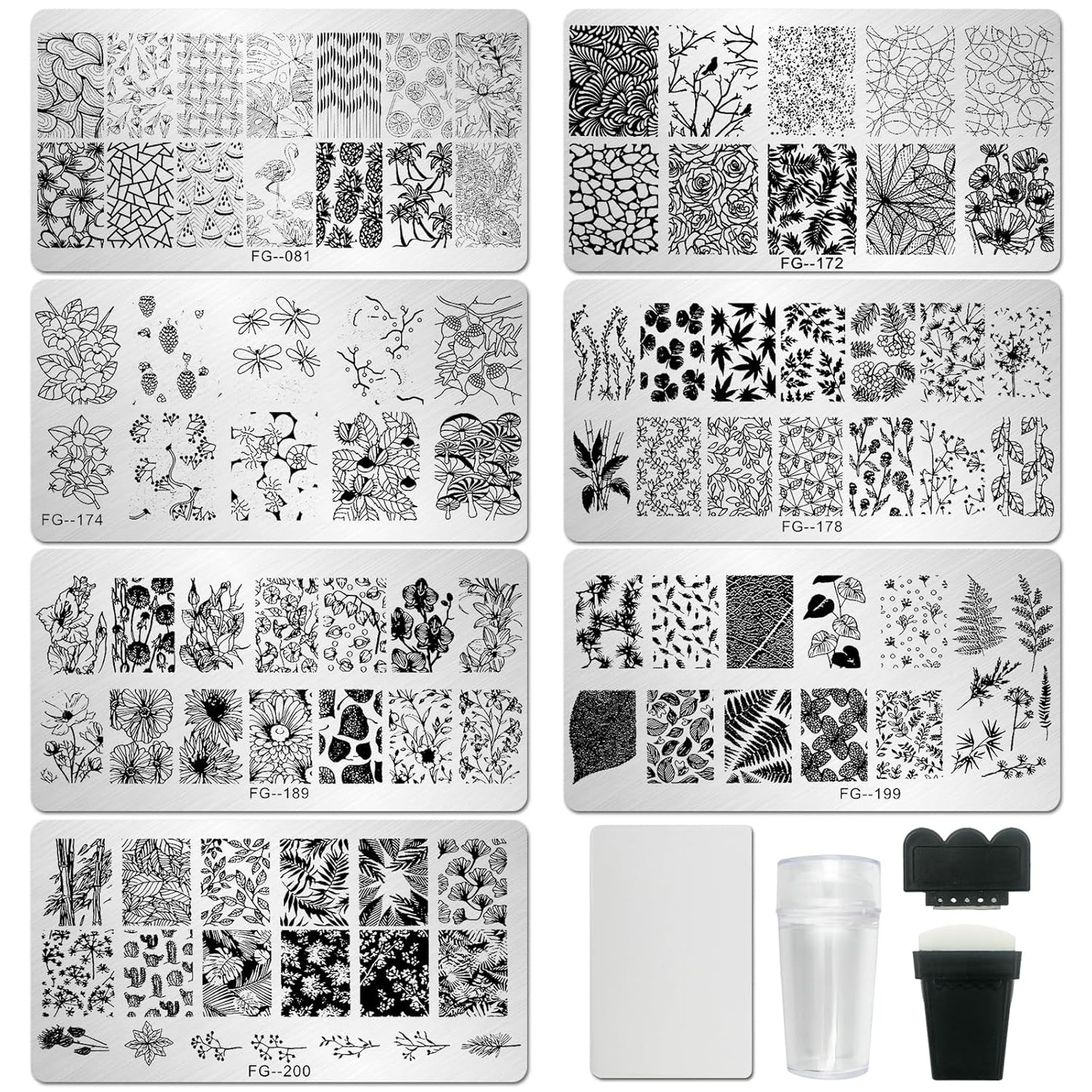 AddFavor Nail Stamper Kit - 7pcs Flower Leaves Stamping Plate with Silicone Stamper and Scraper, Animal Image Nail Stencils, Design Supplies