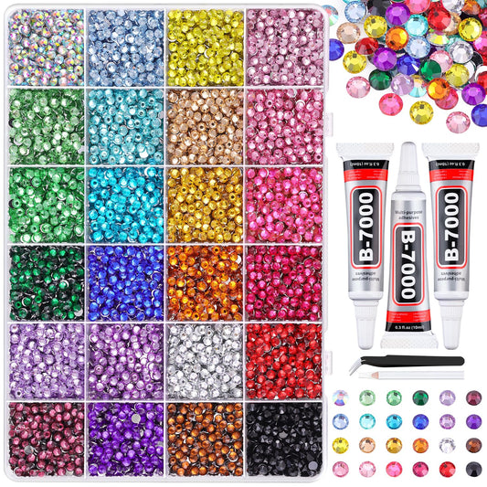 12600Pcs Resin Rhinestones for Bedazzling with Tweezers, Multicolor 4mm Rhinestones for Crafting with 3Pcs 10ml B7000 Jewelry Glue for DIY Crafts Clothing Tumblers Shoes Fabric Nail Art