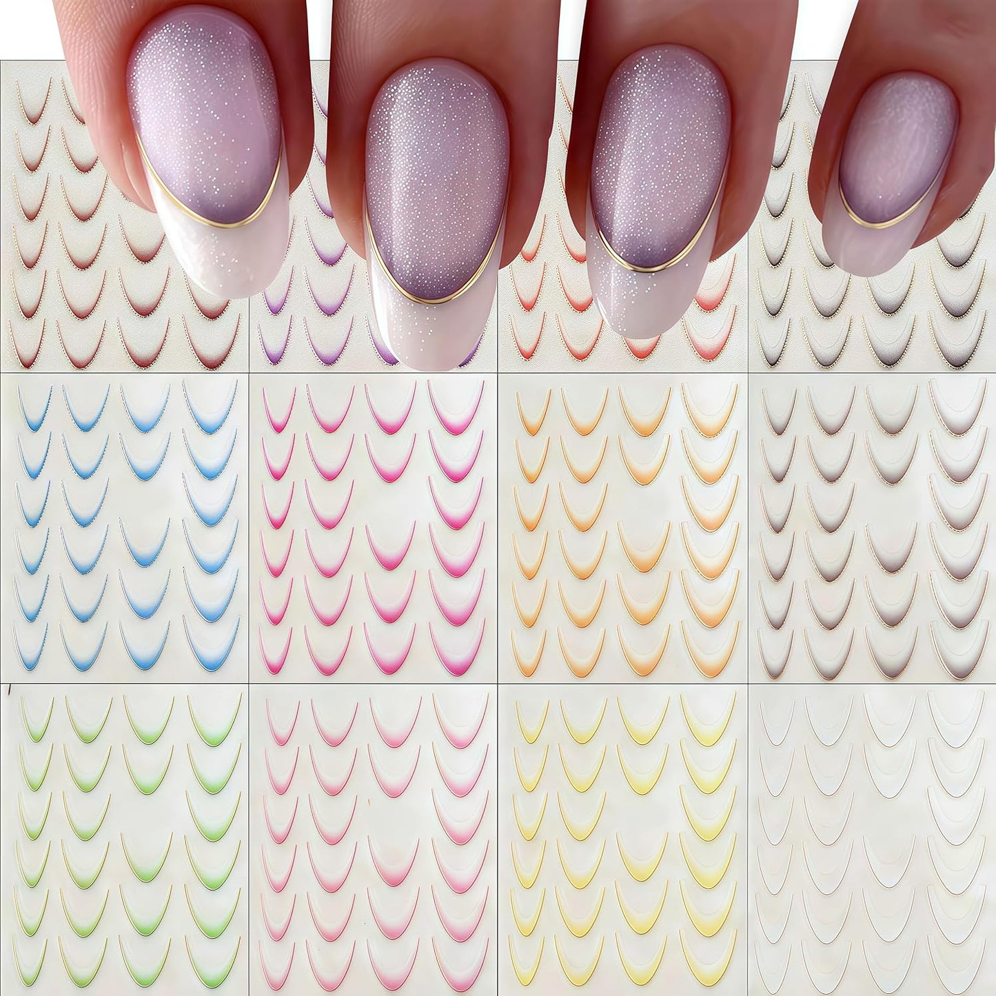 12Sheets Gradient French Tips Line Nail Stickers 3D Self-Adhesive Colorful Stripes Line Transfer Decals Curved Lines Nail Art Designs Nail Tips Manicure Accessories for Women Nail Art Decorations