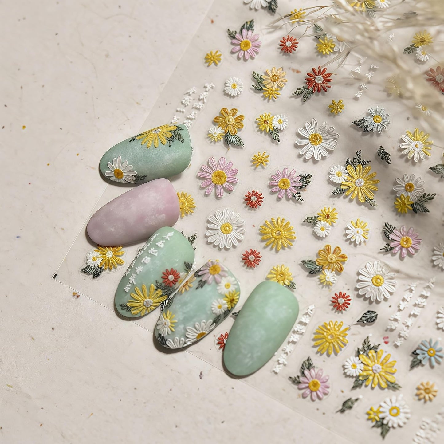 Colorful Flowers Nail Stickers 5D Self-Adhesive Embroidered Daisy Floral Design Decals Spring Daisy Flowers Nail Art Charms for Women DIY Decorations Exquisite Cardboard 1Sheets Set