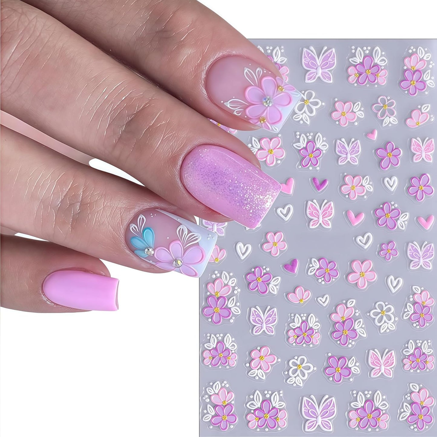 4 Sheets Blue Flower Nail Art Stickers Colored Flower Love Butterfly Nail Stickers 5D Embossed Floral Nail Decals Lily of The Valley Petal Vine Nail Art Supplies for Women Girl DIY Nail Decorations