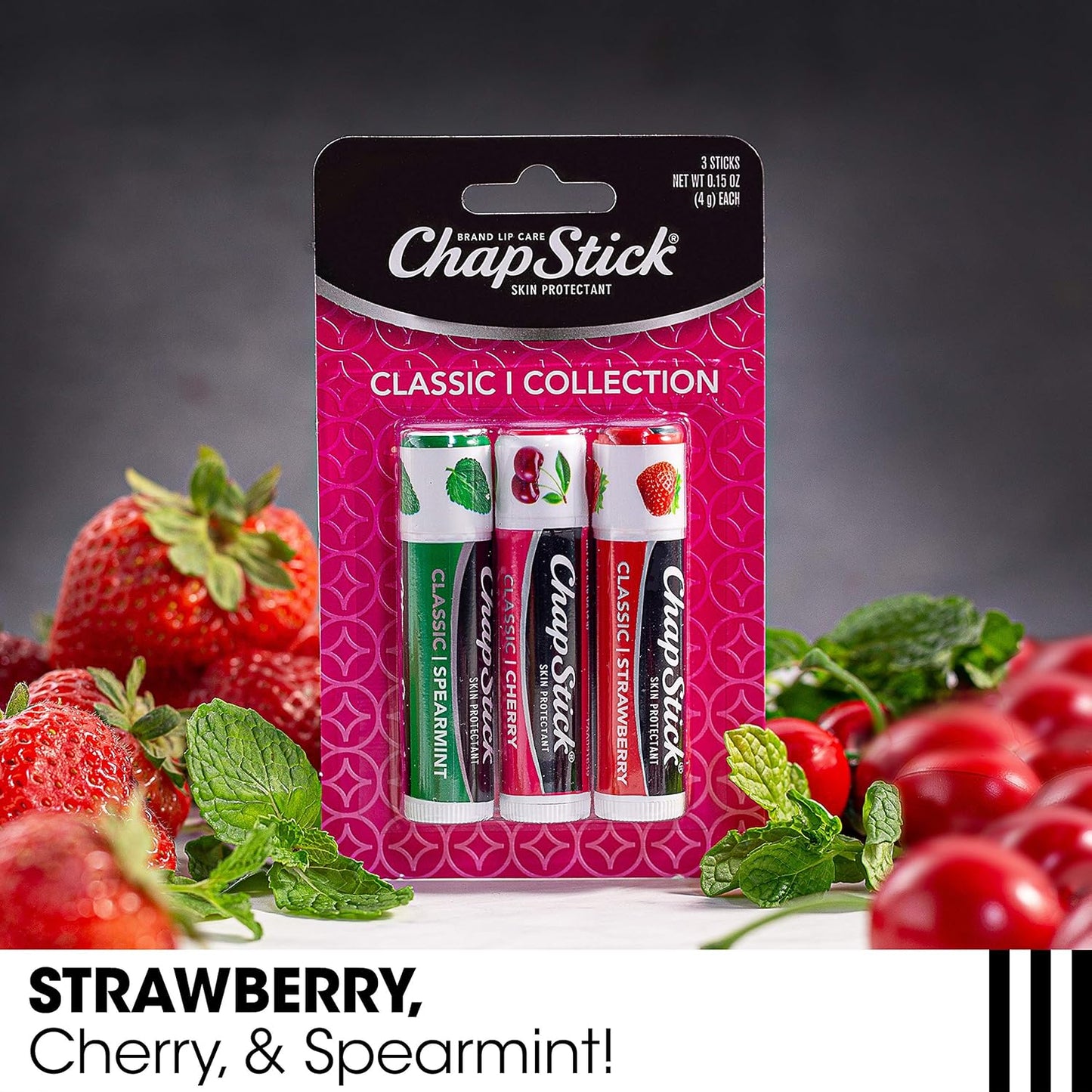 ChapStick Lip Care Bundle – Classic Collection 3-Pack with Spearmint, Cherry & Strawberry ChapStick + Classic Original Lip Balm, 0.15 Oz Ea (5 Piece Set)