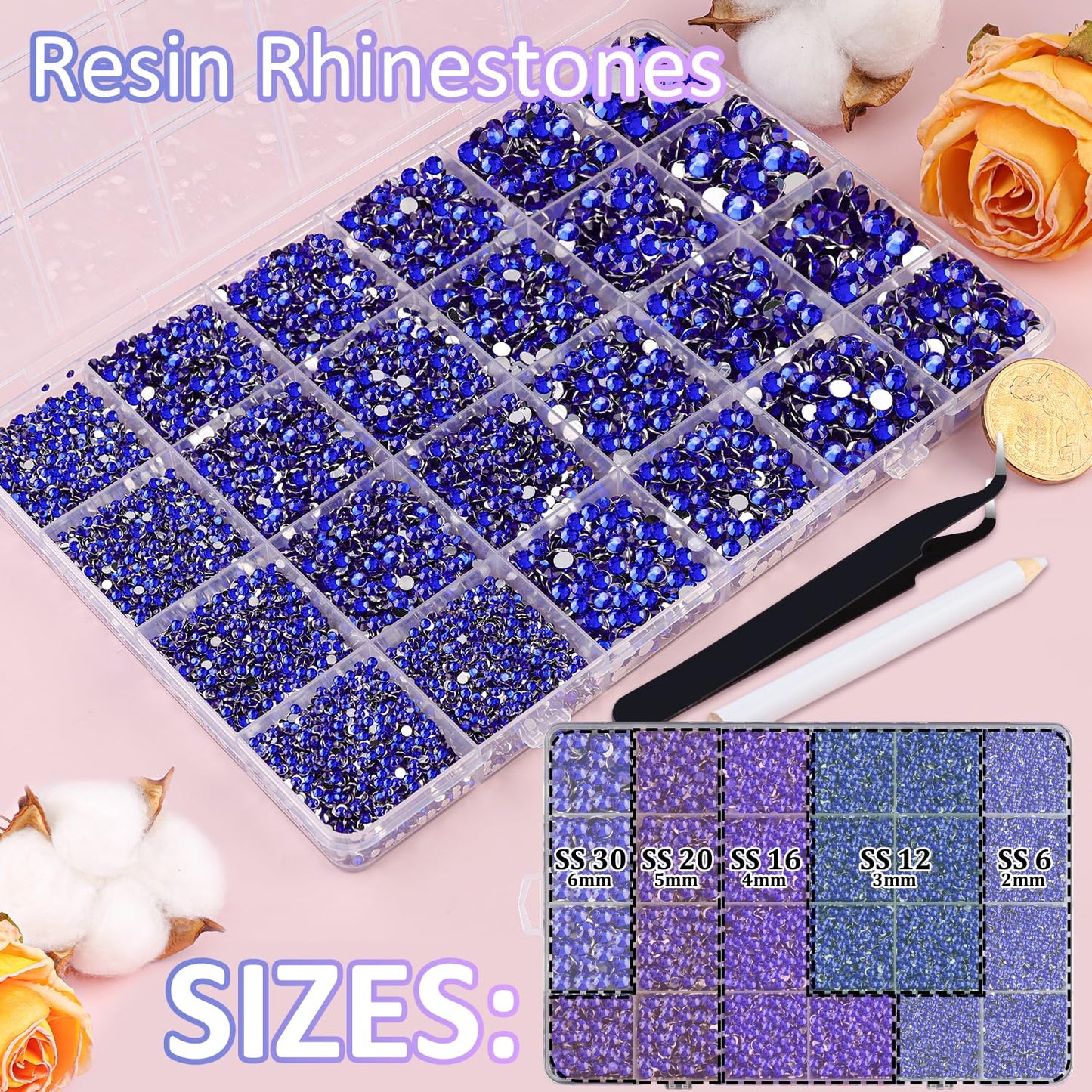 30000Pcs Resin Rhinestones with Tweezers for Crafting, Royal Blue Flatback Gems, Bedazzling Crystal with 3Pcs 10ml B7000 Jewelry Glue for DIY Crafts Clothing Tumblers Shoes Fabric Nail Art