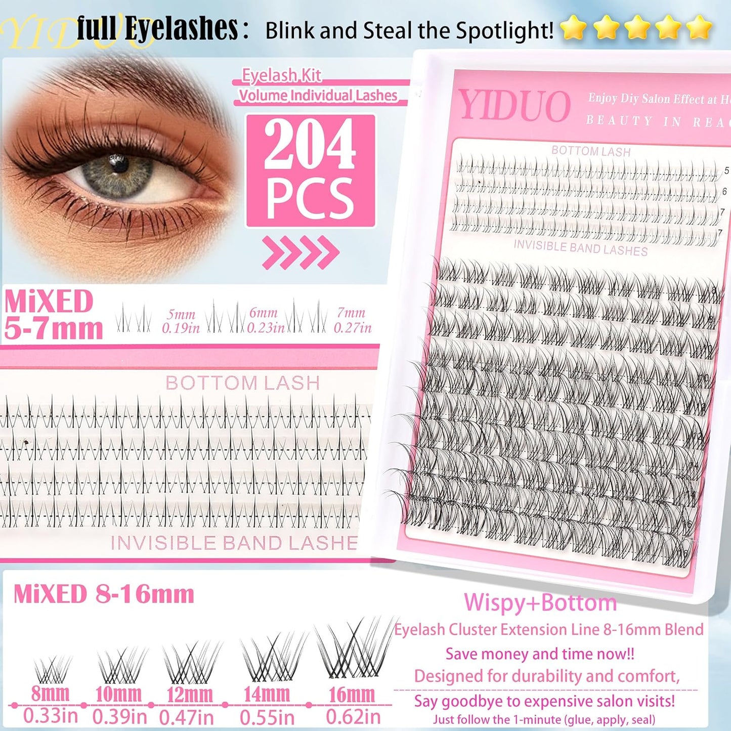 Fairy Manga lashes Clusters with Bottom Lashes Clusters Kit Gift Packs 604Pcs 5-16mm Soft Extension False Eyelash D Curl Wispy Natural Wet-Look Lashes Extensions Combo Pack with Glue Removers