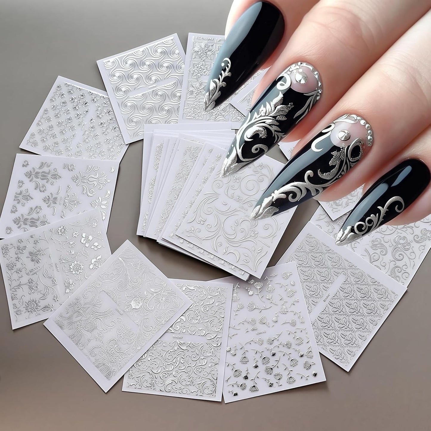 30 Sheets Silver Lace Nail Art Stickers 3D Self-Adhesive Silver Hollow Retro Floral Vine Design Decals for Women Spring Summer Manicure Slider Decorations
