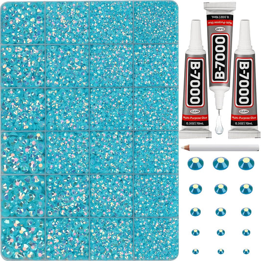 30000Pcs Resin Jelly Rhinestones Set for Crafting Bedazzling, Turquoise AB Flatback Gems Jewels for Crafts Clothes Shoes Fabric Outfit Nails Makeup, Flat Back Crystal 2-6mm with b 7000 Glue