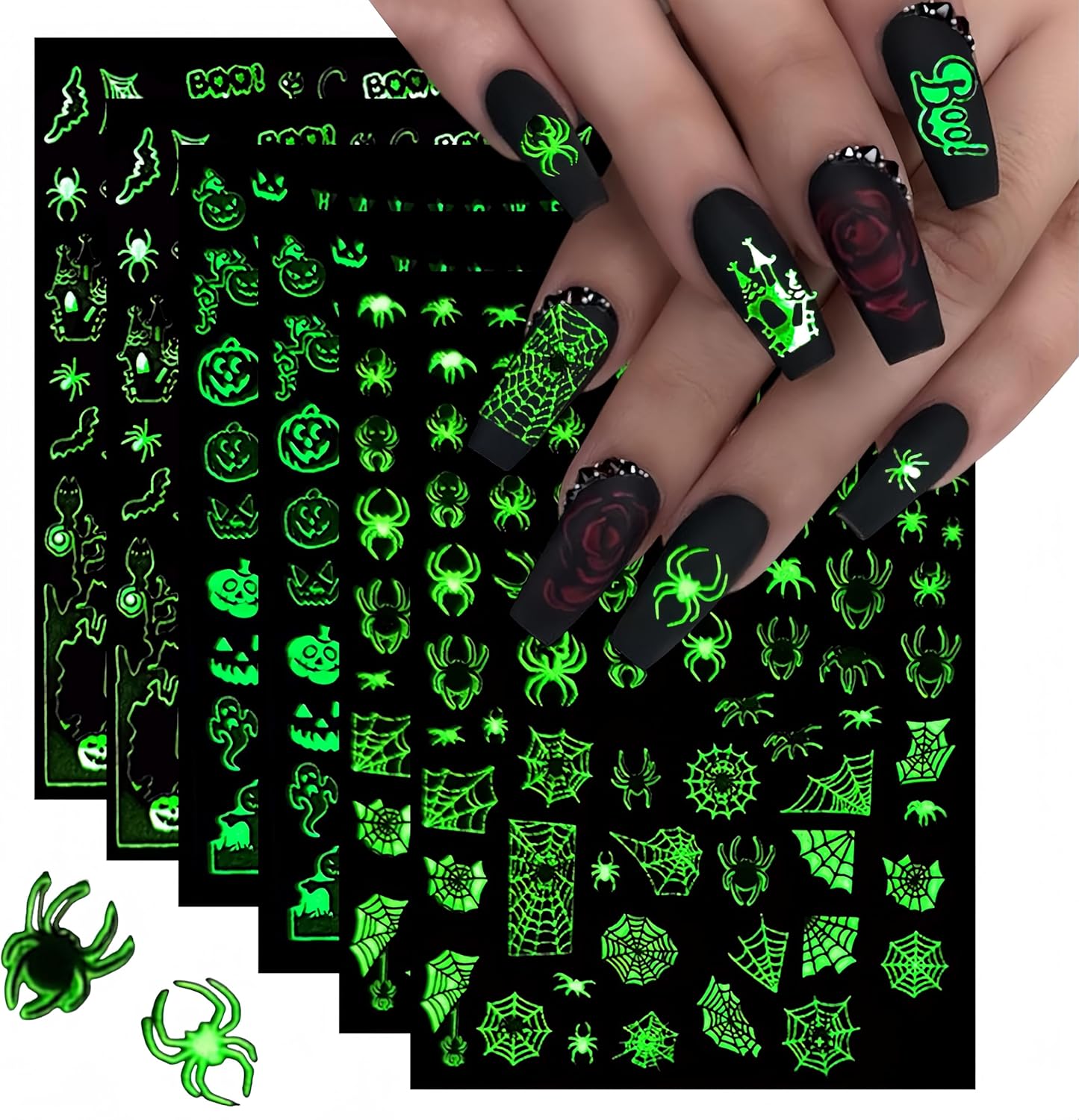 6Sheets Halloween Nail Art Stickers 3D Fluorescent Design Nail Decals Self-Adhesive Halloween Nail Supply Skeleton Pumpkin Spider Ghost Nail Sticker for Holiday Women Girls DIY Manicure Decoration