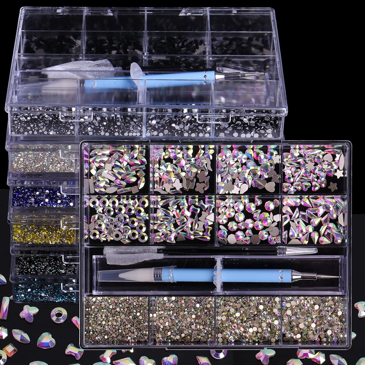 3320Pcs AB Nail Art Rhinestones Crystal,HOINCO 3D Rhinestones Gems Jewels Diamond,24 Types of 320 Diamonds + 3000 Round Beads, Crystals 3D Flat Back Gemstones for Nail DIY Crafts with Tweezers Pen
