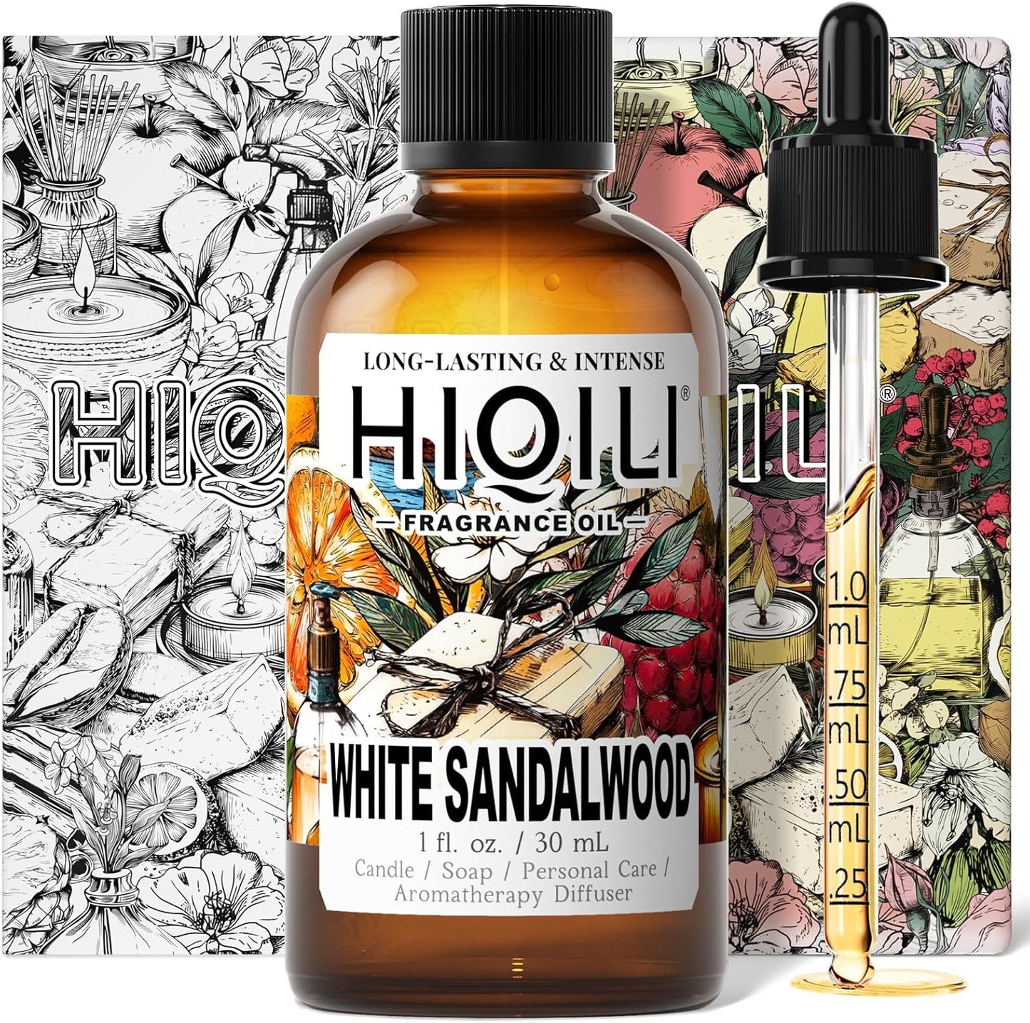 HIQILI White Sandalwood Fragrance Oil for Making Candle, Scented Home Decor, Room Spray, Skin & Body, Essential Oil Diffuser - 1 Fl Oz