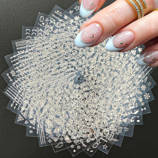 30 Sheets Silver Nail Art Stickers 3D Self Adhesive Sliver Line Nail Decals Silver Nail Sticker for Nail Art Silver Heart Star Nail Art Supplies Silver Nail Design for Acrylic Nails for Women Girls
