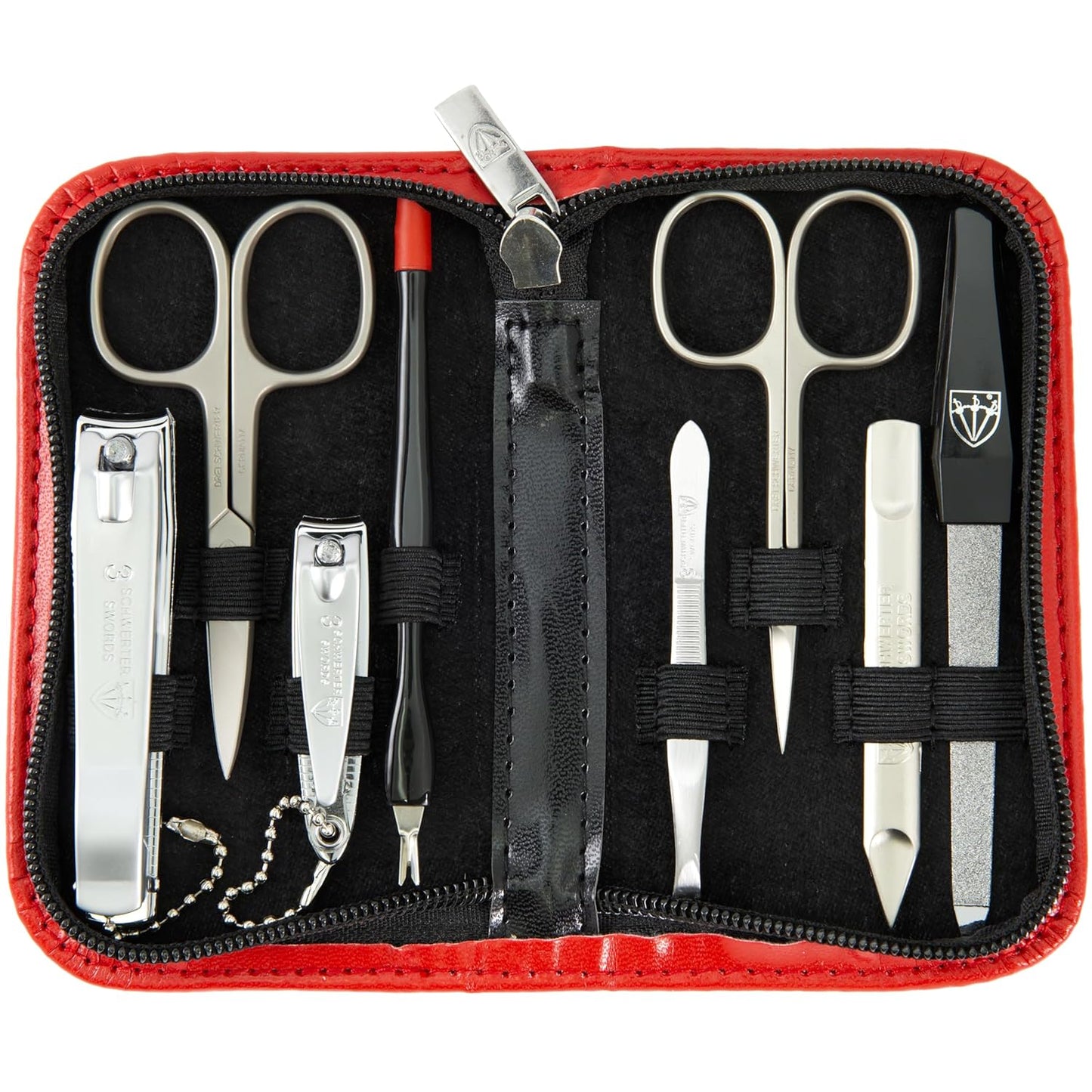 3 Swords Germany – brand quality 8 piece manicure pedicure grooming kit set for professional nail care with synthetic leather case red - Made in Germany