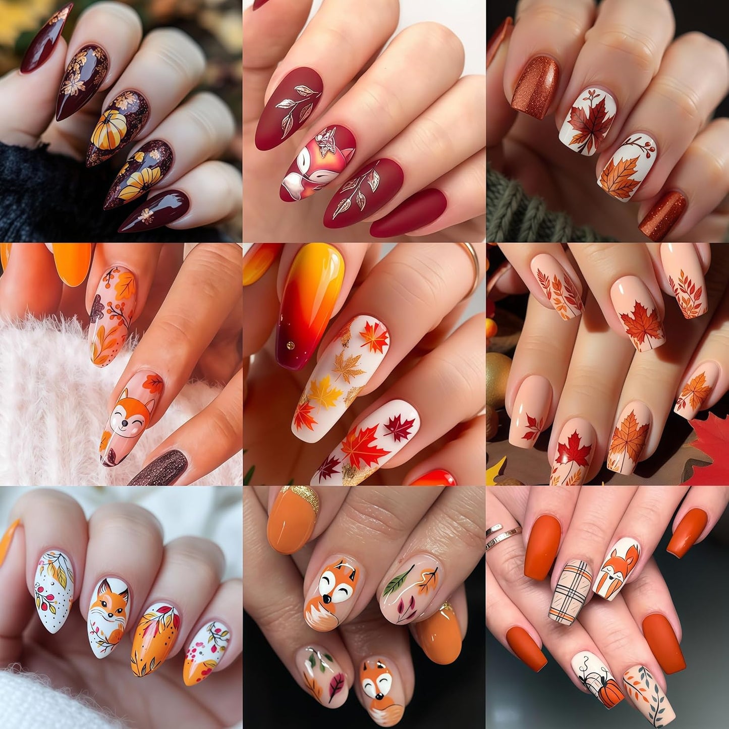 6Pcs Maple Leaf Nails Stickers,Fall Maple Leaf Nail Art Sticker Thanksgiving Pumpkin Nail Stickers for Nails Art Cute Fox Pine Mushroom Ginkgo Nail Decals Leaf Nails Design Nail Supplies for Women