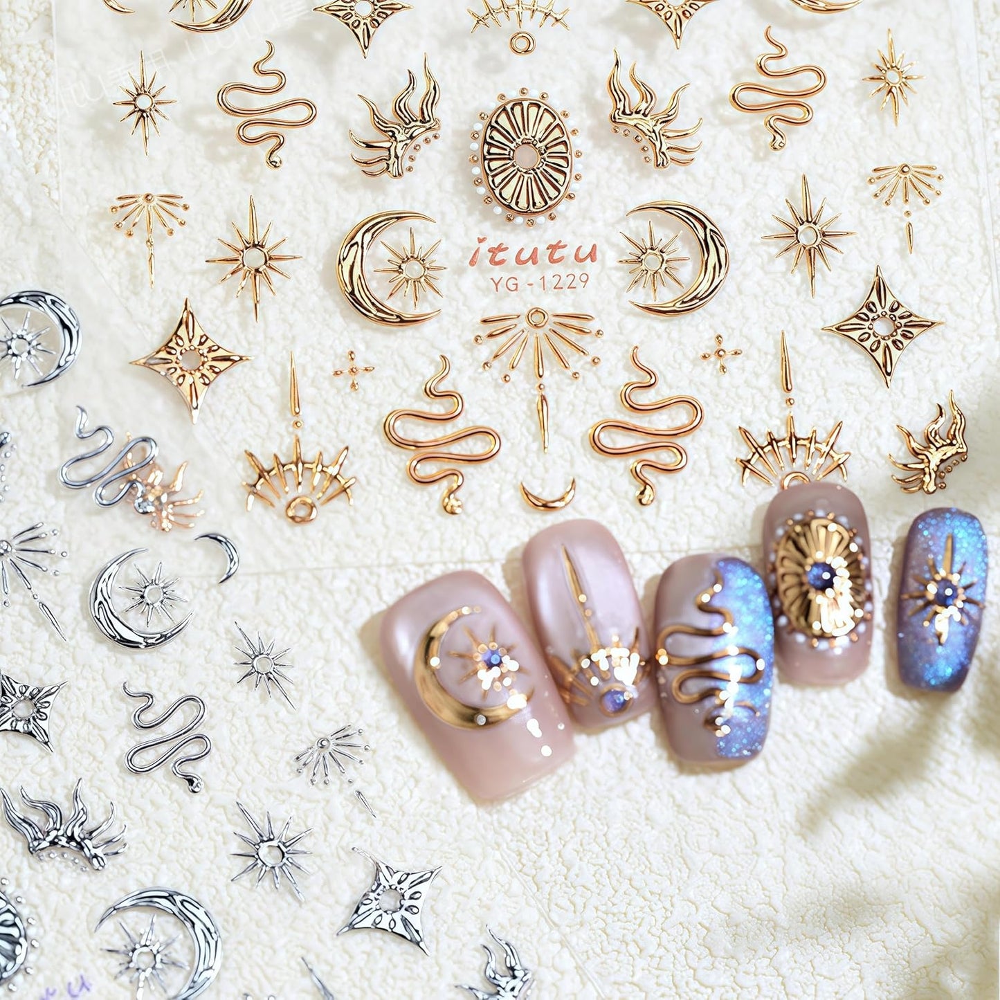 2 Sheets 5D Gold Star Nail Stickers for Nail Art Gold Silver Snake Nail Decals 5D Self-Adhesive Embossed Bronzing Stars Moon Nail Supplies Flame Retro Exquisite Nails Design for Women DIY Nail Decor