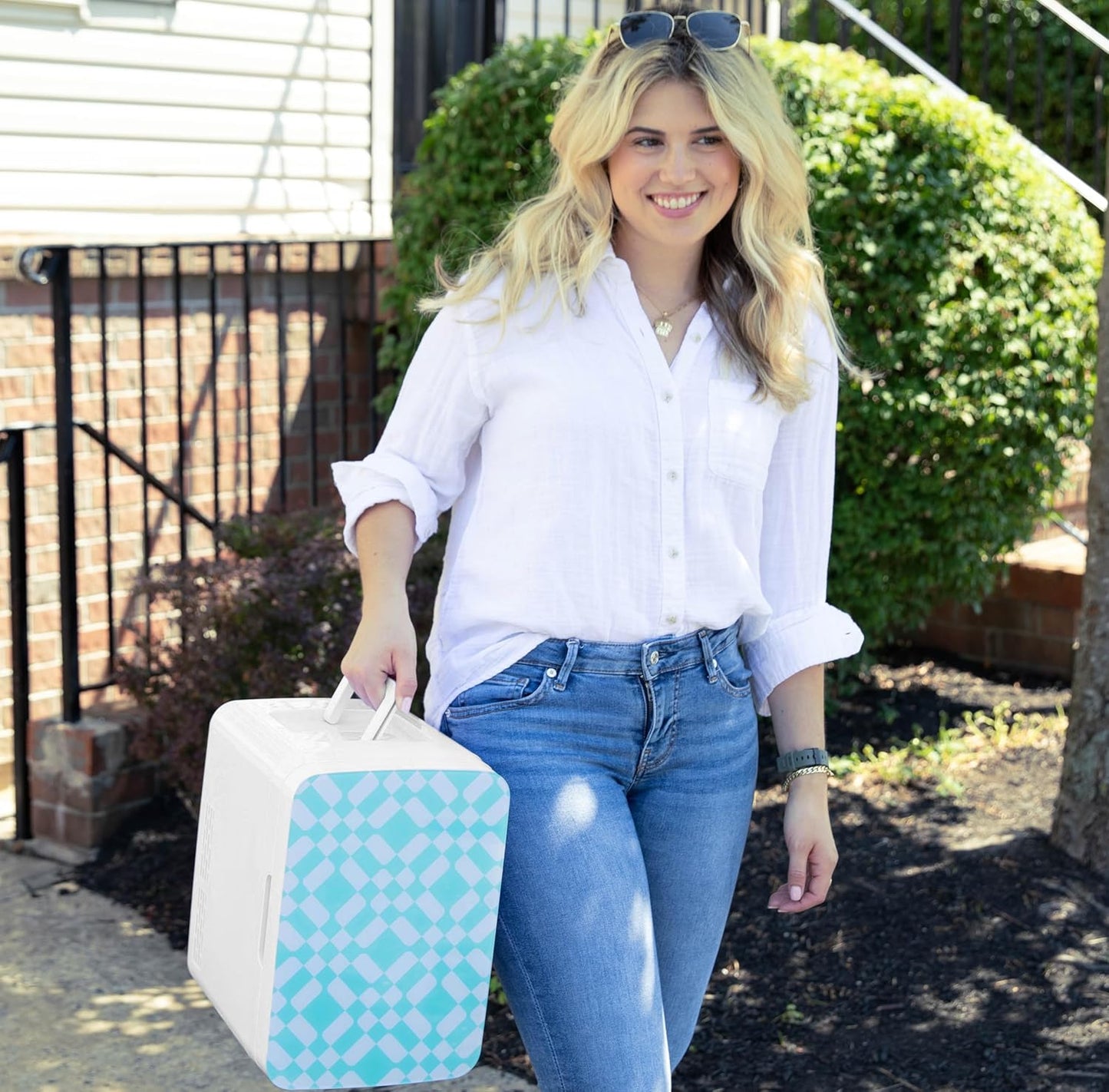 Cooluli 10L Mini Fridge for Bedroom - Car, Office Desk & Dorm Room - 12v Portable Cooler & Warmer for Food, Drinks, Skincare, Beauty & Makeup - AC/DC Small Refrigerator with Glass Front, Green Pattern