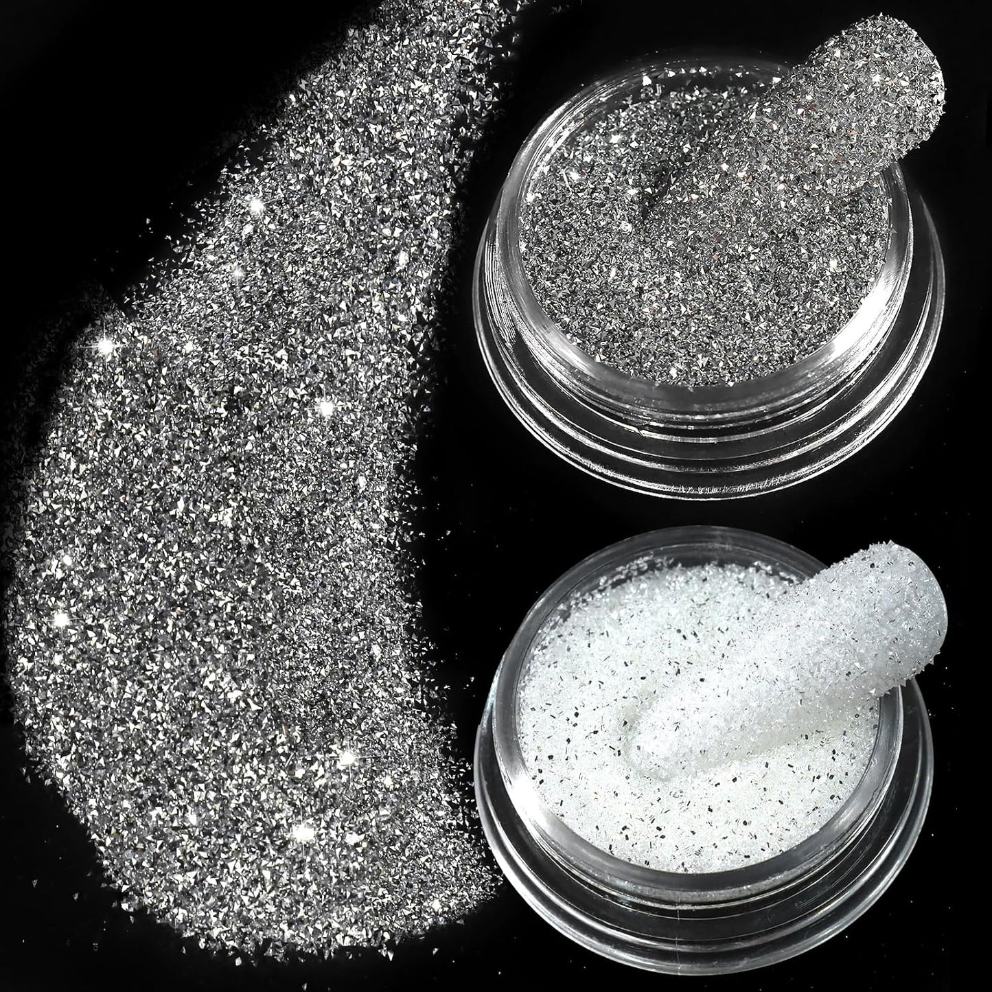 Allstarry Nail Glitter, 2 Colors Sparkling Silver Reflective Glitter Shiny White Diamond Dust Shimmery Sequins Crystal Gems for Nail Art Disco Party Nightclub Raves Festivals Concert Shows Wedding