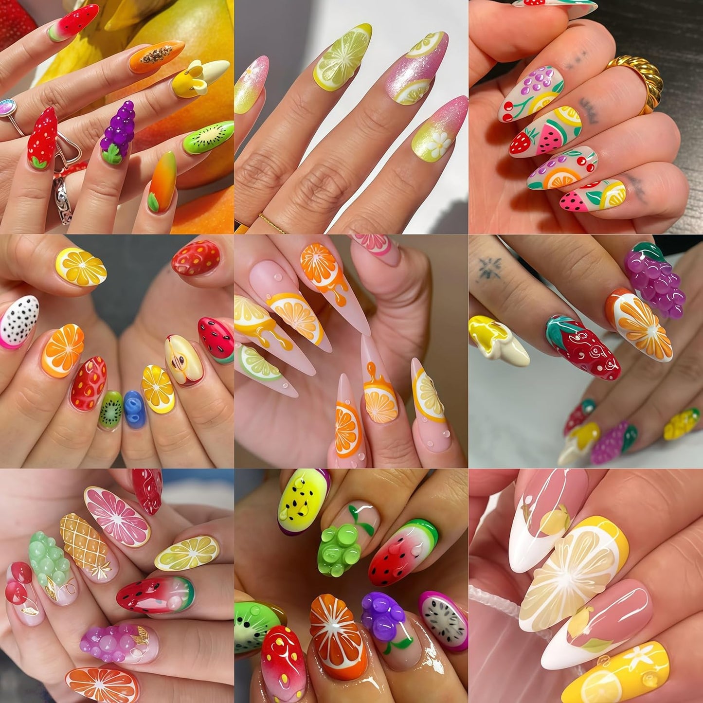 2Pcs Summer Fruit Lemon Nail Stickers for Nail Art Embossed 5D Self-Adhesive Pineapple Cherry Nail Decals Grapes Nail Art Stickers Apple Nails Sticker Strawberry Nail Design for Women DIY Nails Decor