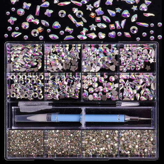 3320Pcs AB Nail Art Rhinestones Crystal,HOINCO 3D Rhinestones Gems Jewels Diamond,24 Types of 320 Diamonds + 3000 Round Beads, Crystals 3D Flat Back Gemstones for Nail DIY Crafts with Tweezers Pen